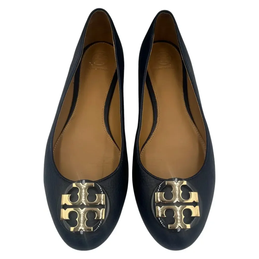 Tory Burch Eleanor Ballet Flat Navy Blue Leather Gold Double T Logo Sz 9